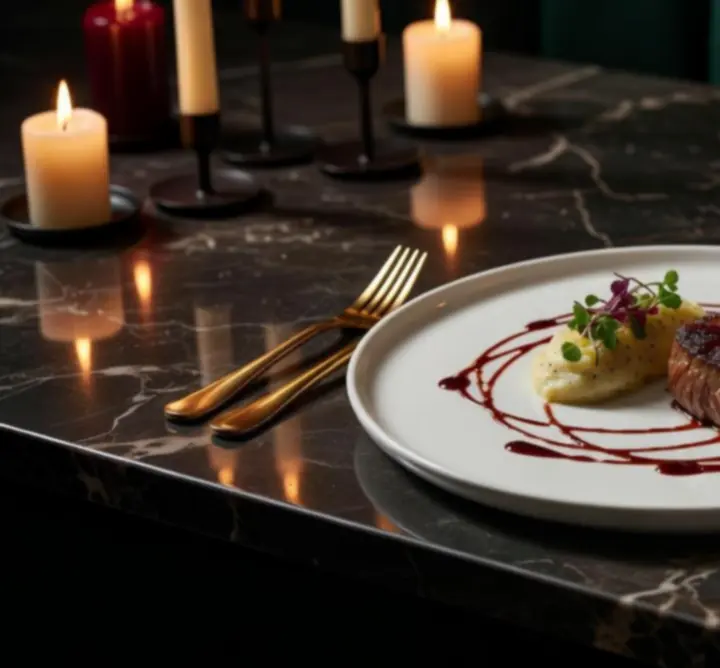 Művészien tálalt gourmet fogás elegáns éttermi környezetben.