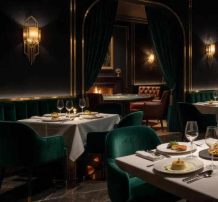Cinematikus esti enteriőr elegáns éttermi térrel és lounge pókerasztalokkal.