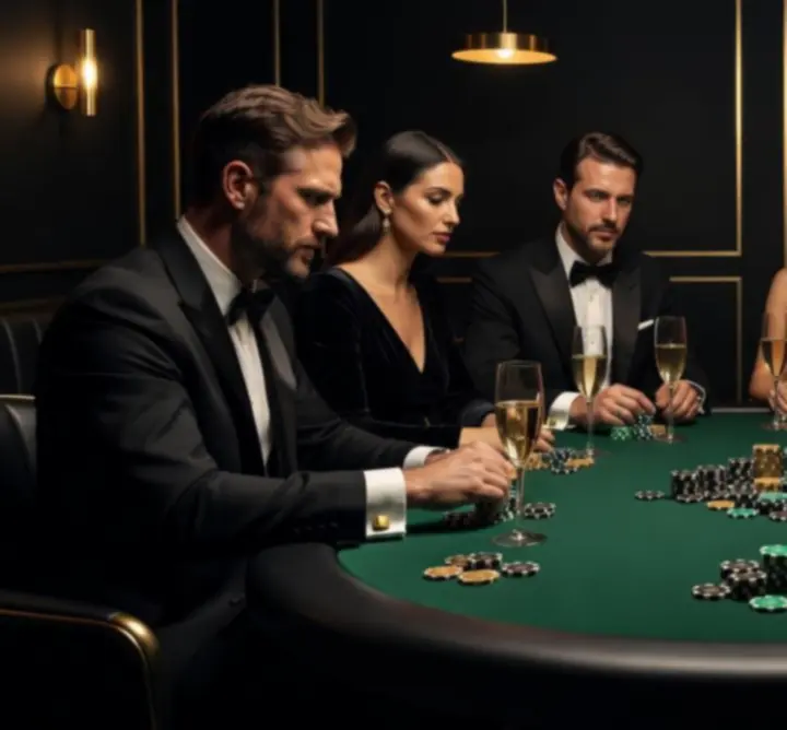 Pókerasztalok körül beszélgető vendégek, háttérben bár és lounge tér.