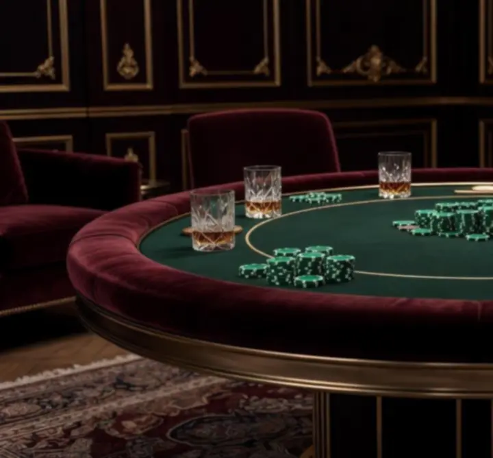 VIP pókerasztal elegáns bőr fotelekkel és hangulatos, arany fényekkel.