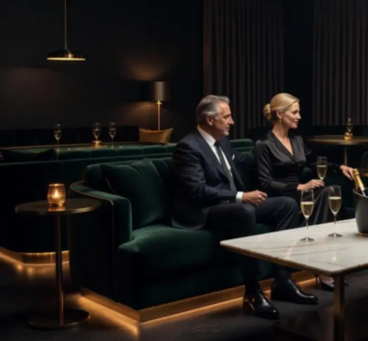 Elegáns VIP lounge pezsgővel és hangulatos esti fénnyel.